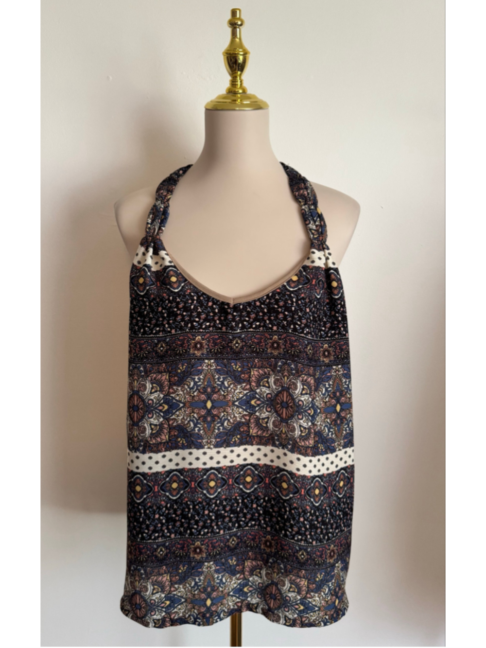 Women's Mystree Tank Top Size L Black Beige Patterned Halter Neck